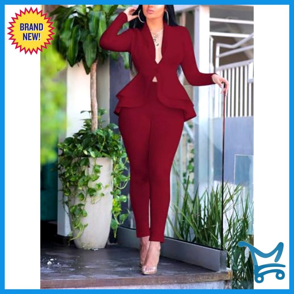 Women's Deep V Neck Ruffle Blazer Two Piece Suit Set Long Sleeve Pants - Picture 2 of 6